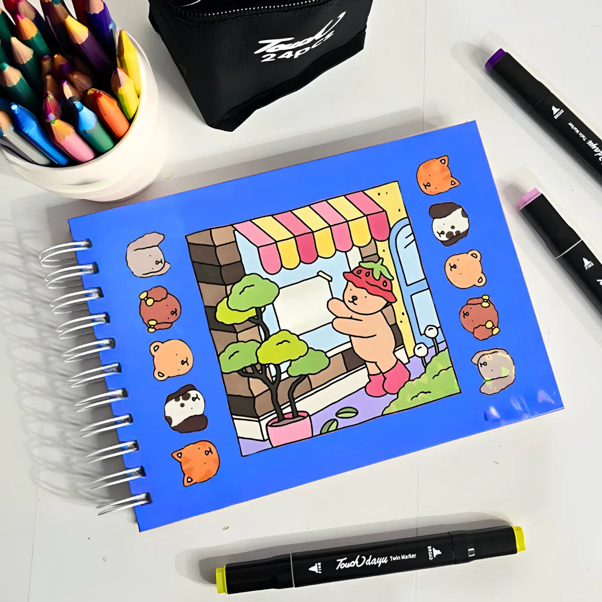 Kit Livro De Colorir Capa Dura + 24 Canetinhas - AZUL